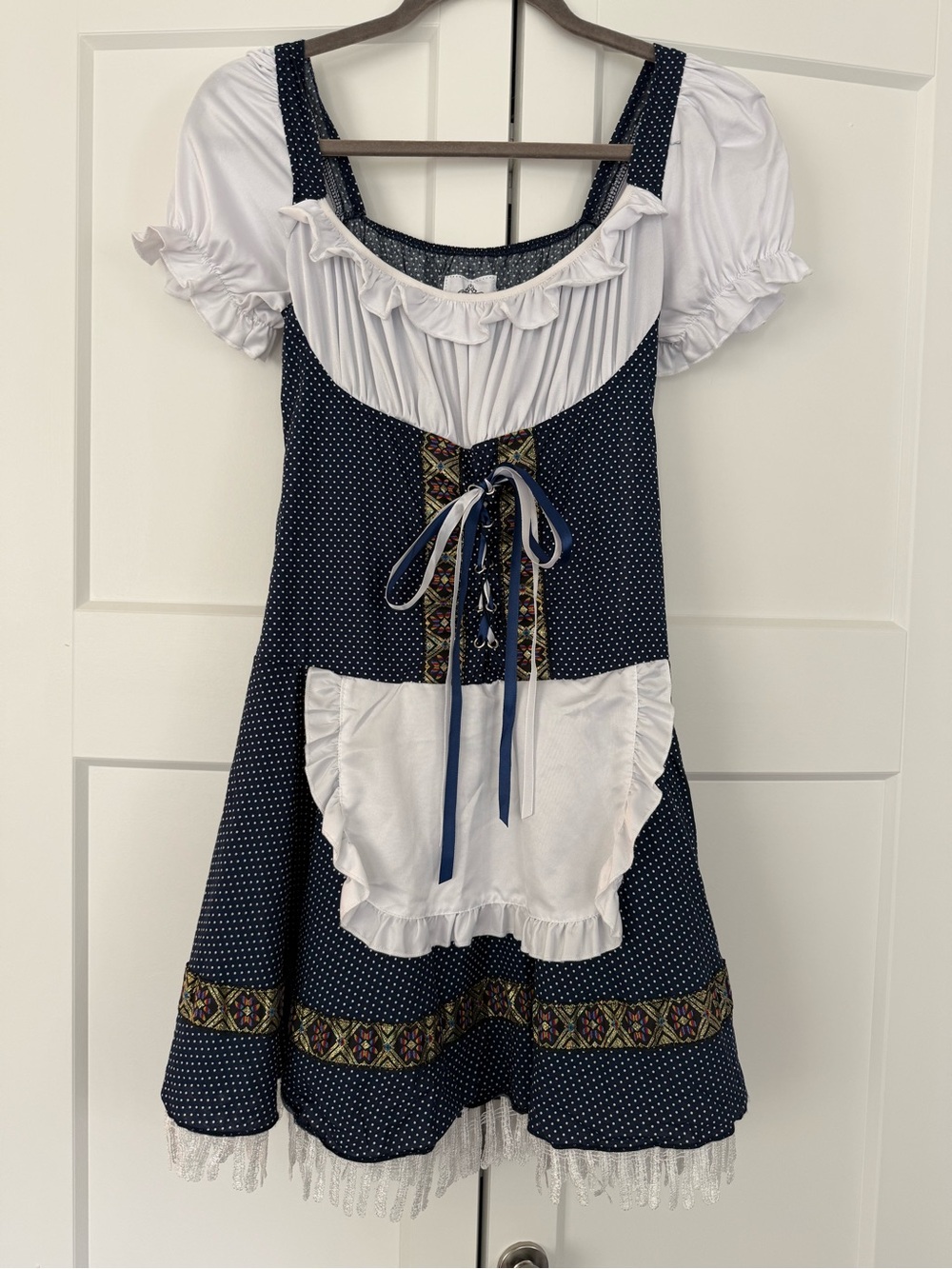 Navy Polka Dot Mini Dress with White Apron